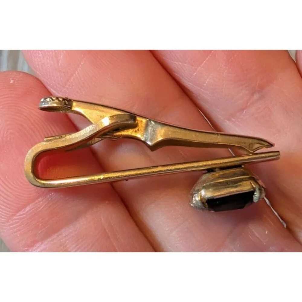Vintage Swank Gold Tone Tie Bar/Clip with a Blue Rhinestone